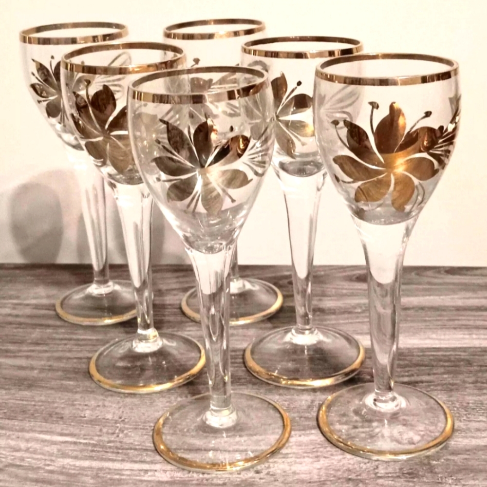 Vintage 1970s Crystal Cordial Stemmed Glasses (Set of 6) Gold Flowers Romania